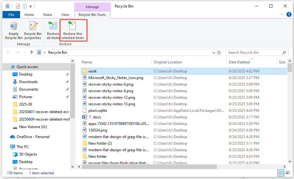 click on the Restore the selected items option