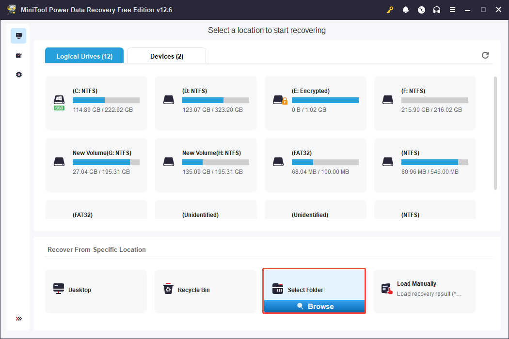click Browse under the Select Folder section in MiniTool Power Data Recovery
