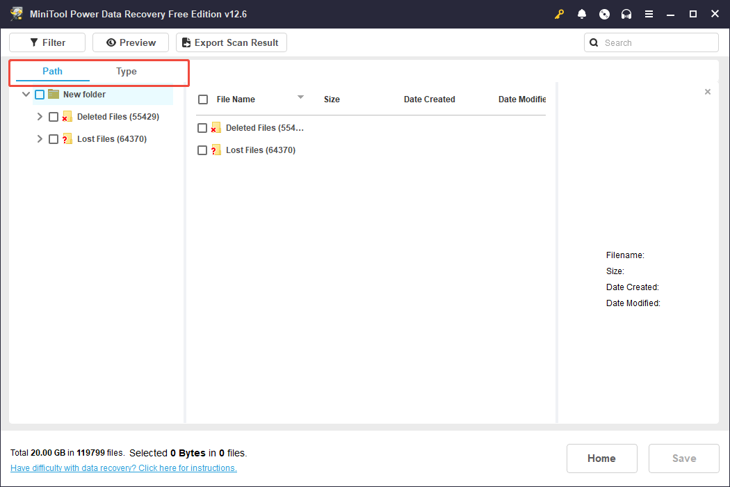 the Path and Type features in MiniTool Power Data Recovery