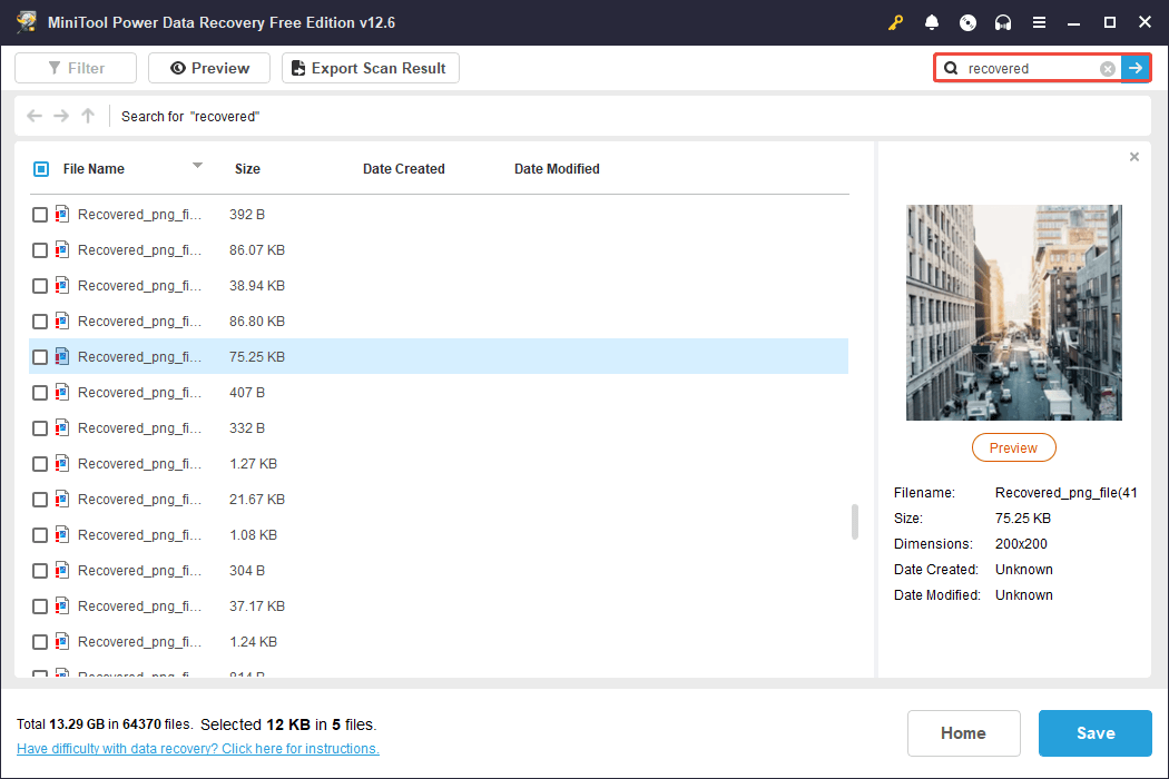 use the Search feature to locate wanted files in MiniTool Power Data Recovery