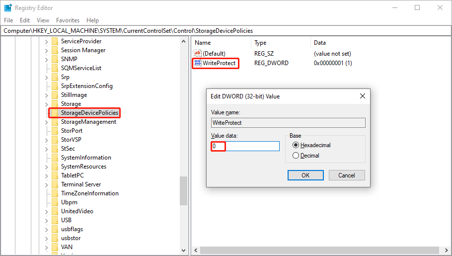 edit the registry remove write protection