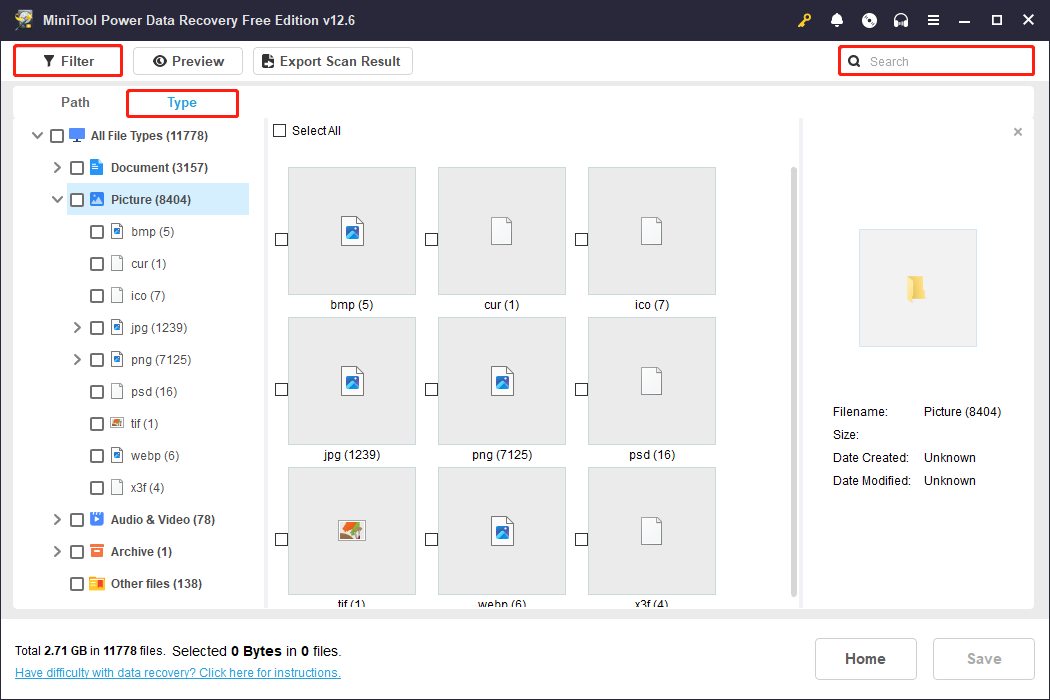 various search features in MiniTool Power Data Recovery