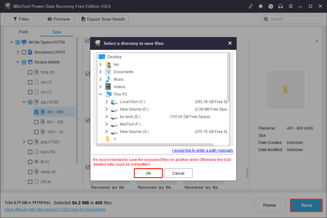 save files to the specific location using MiniTool Power Data Recovery