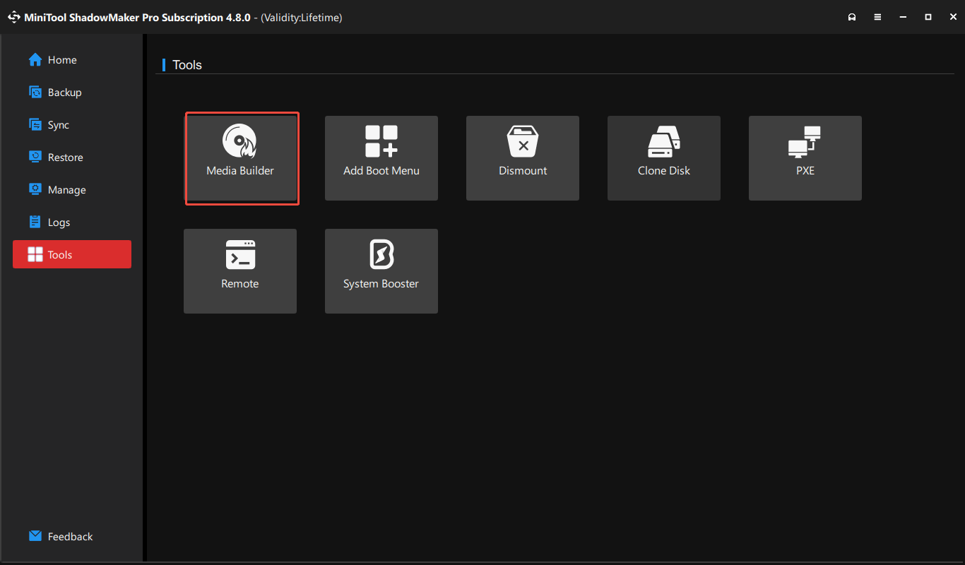 create bootable media with Media Builder in MiniTool ShadowMaker
