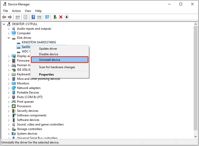 uninstall the disk by using Device Manager