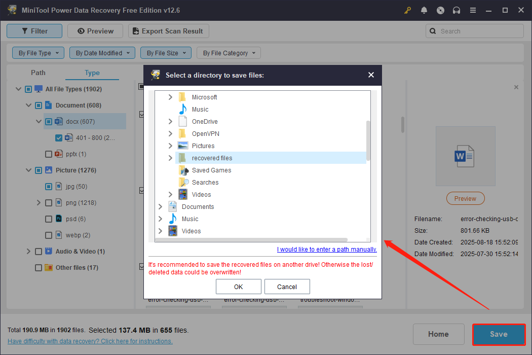 save ticked files to a safe location in MiniTool Power Data Recovery