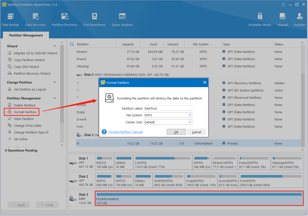 format the drive to a recognized file system by using MiniTool Partition Wizard