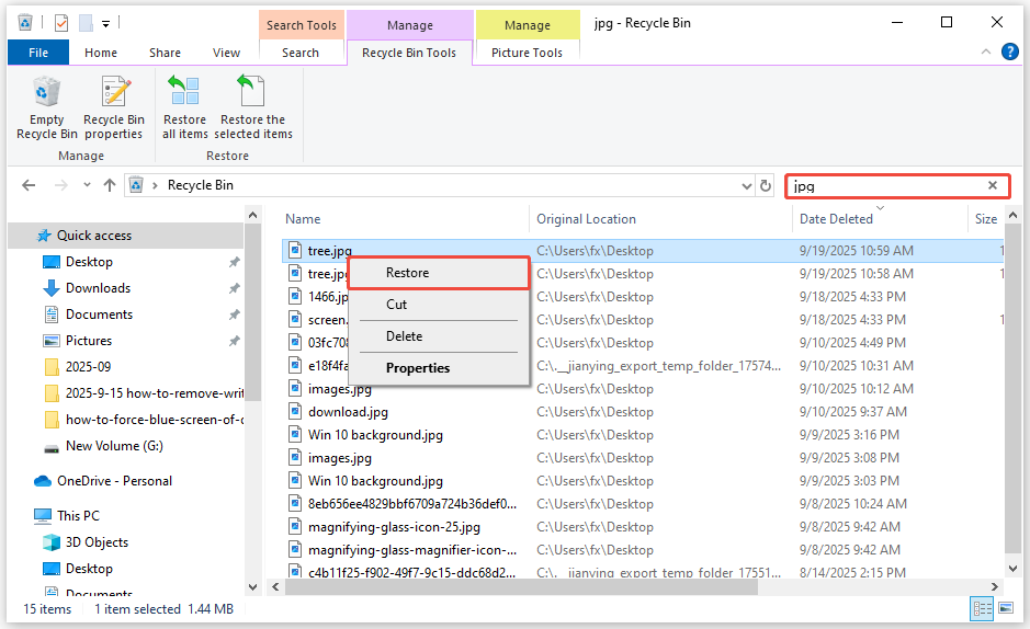 recover deleted JPG files from the Recycle Bin
