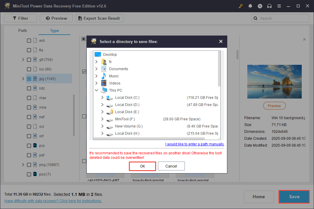 save the recovered JPG files in a safe location via MiniTool Power Data Recovery