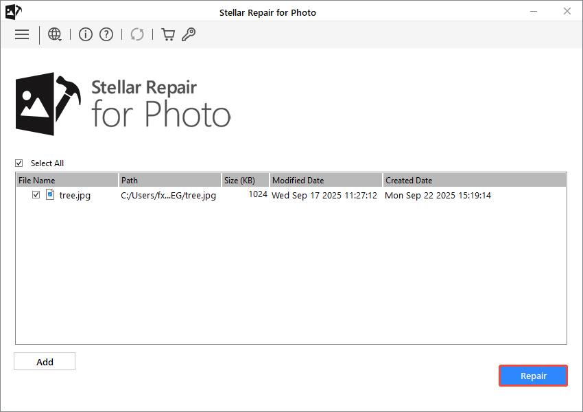 click the button to start the photo repair process in Stellar Repair for Photo