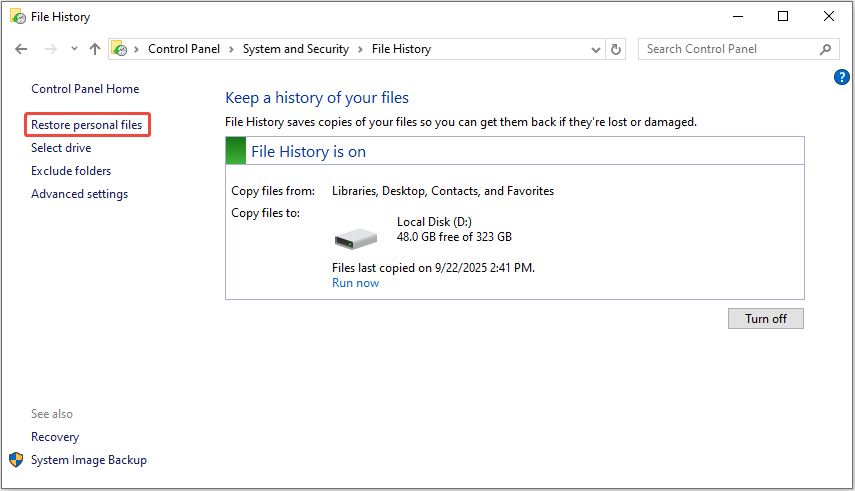 select Restore personal files