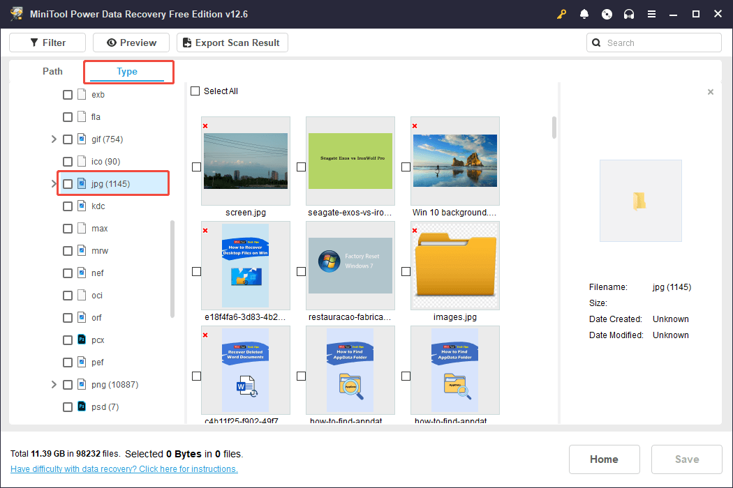 in the Type tab, go to Picture and jpg to locate all JPEG files in MiniTool Power Data Recovery