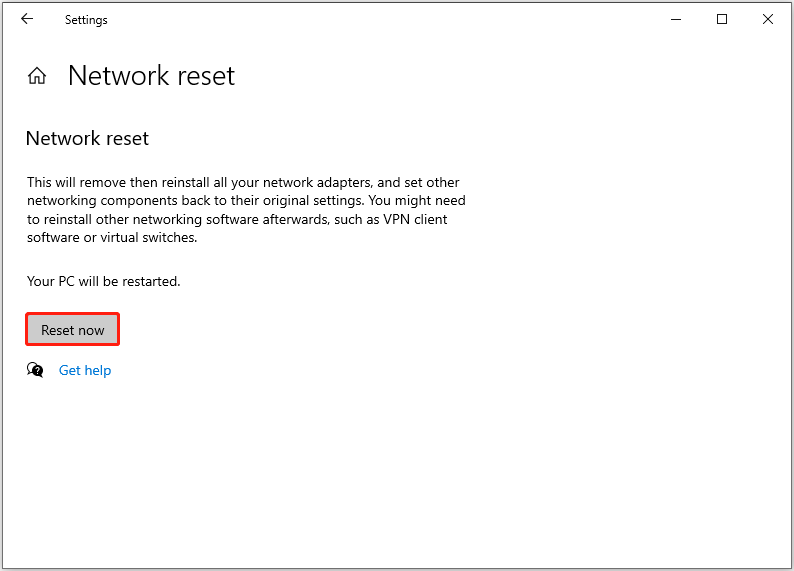 reset the network from Settings