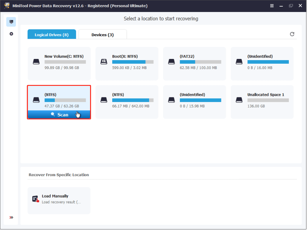 select the drive to scan for files in MiniTool Power Data Recovery