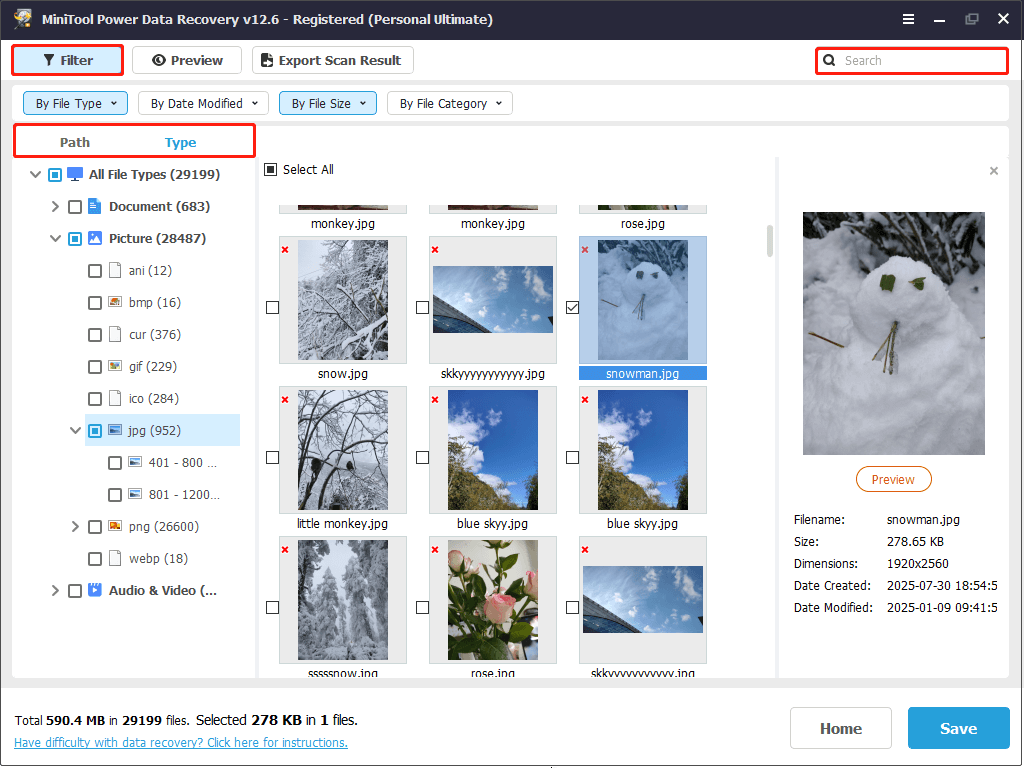 filter or search for files in MiniTool Power Data Recovery
