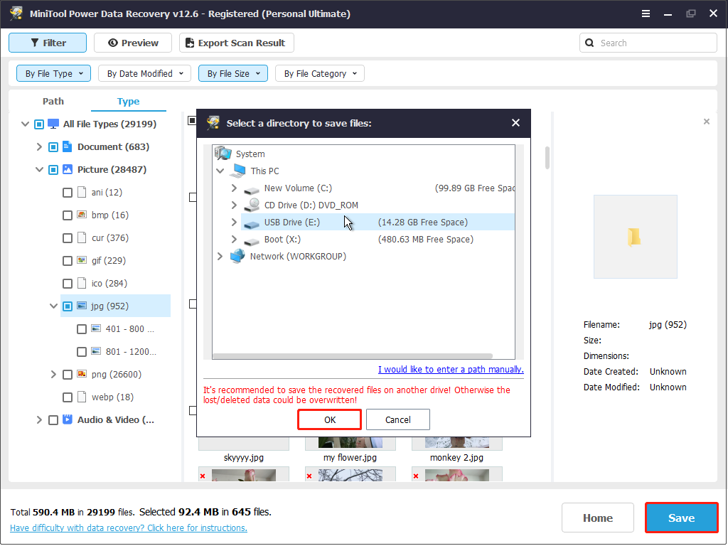 save recovered files in MiniTool Power Data Recovery