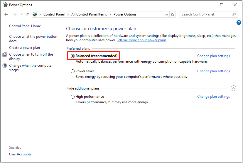choose the Balanced power plan from Power Options