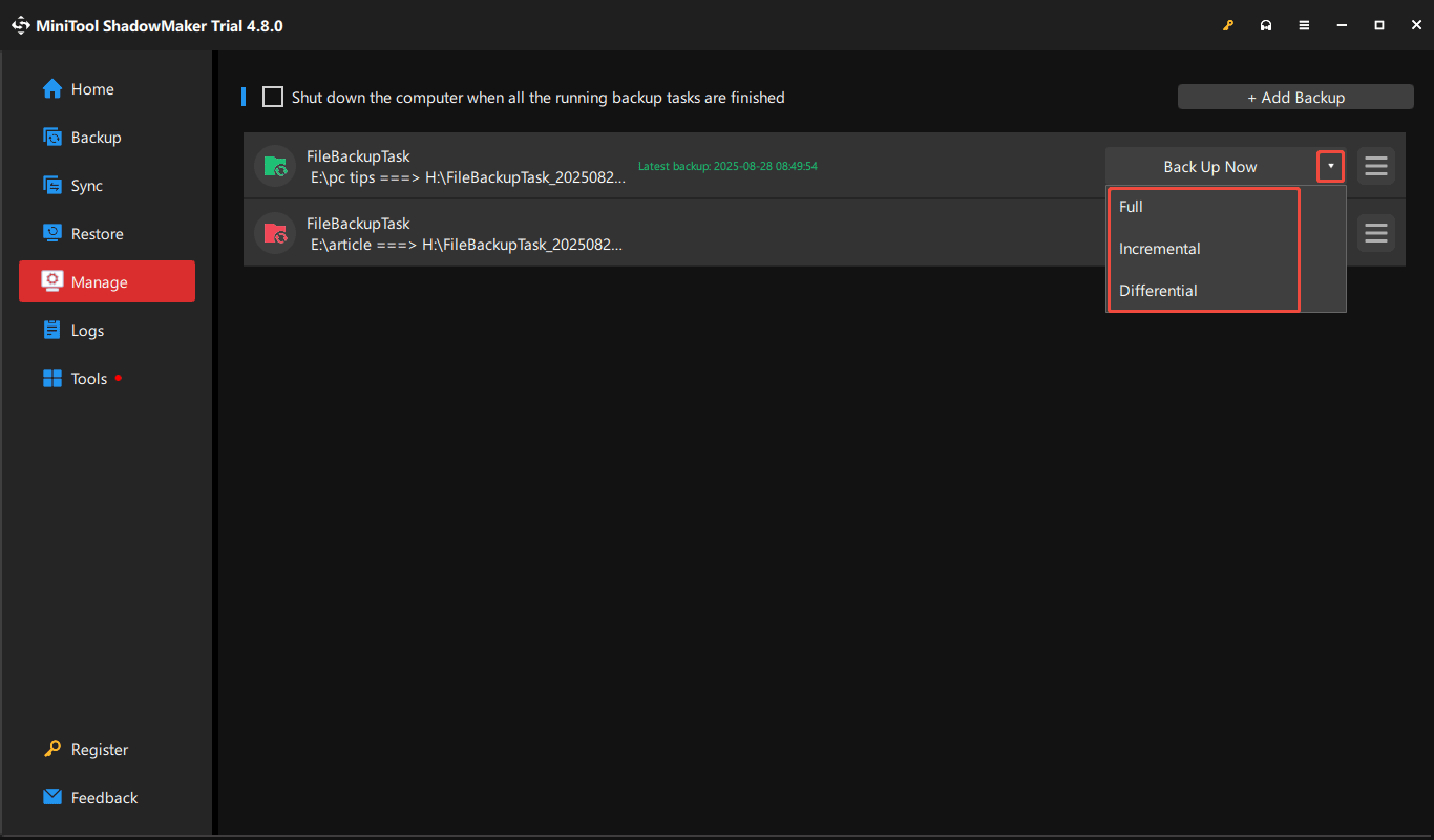 full, incremental or differential