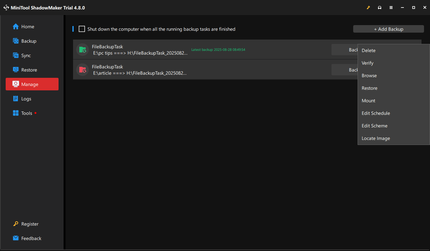 context menu in Manage