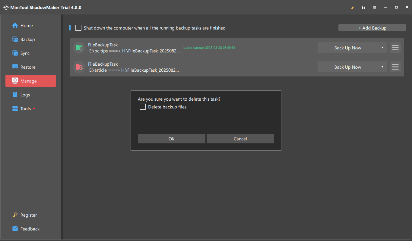delete a created backup