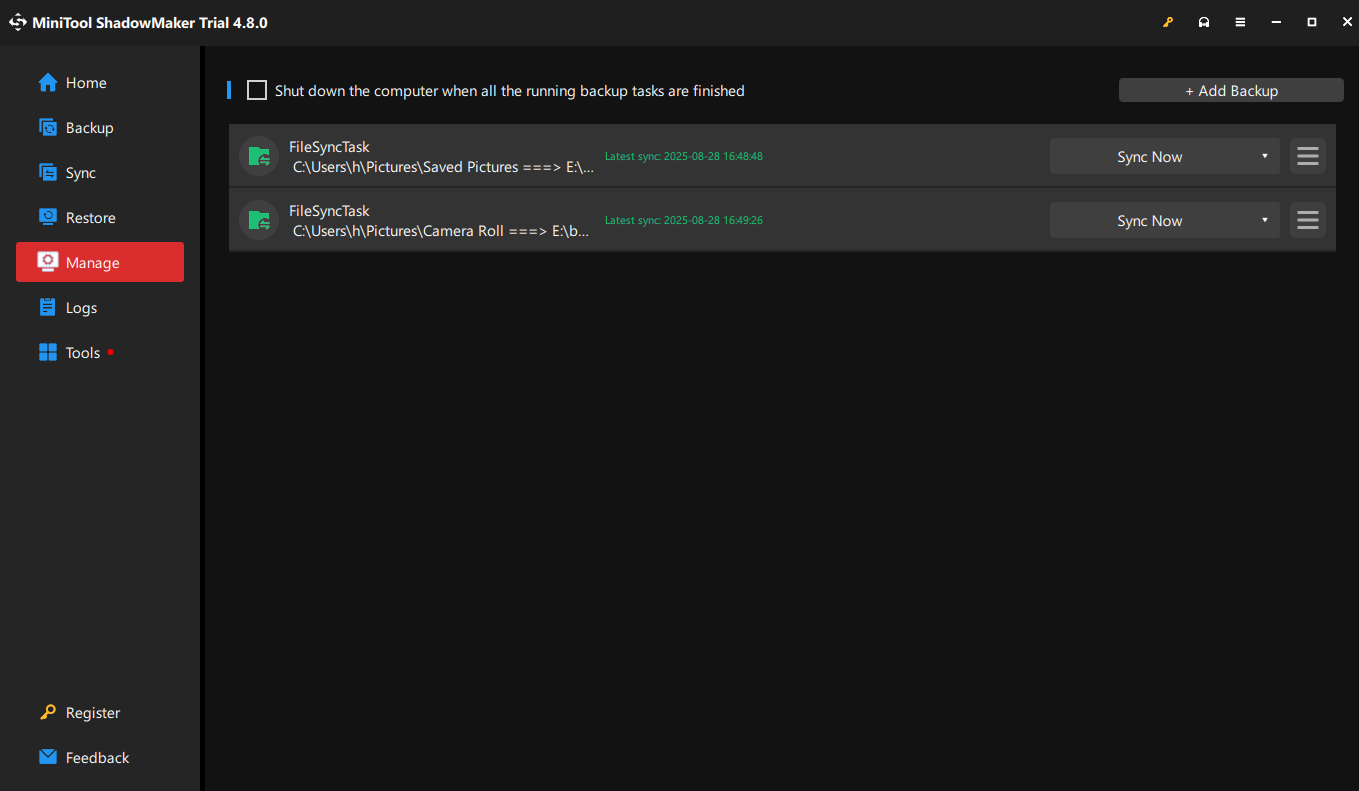 view all sync tasks and their statuses in the Manage page