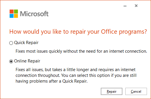 Reparación de programas de Microsoft Office