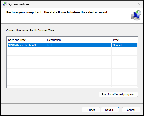 select a restore point