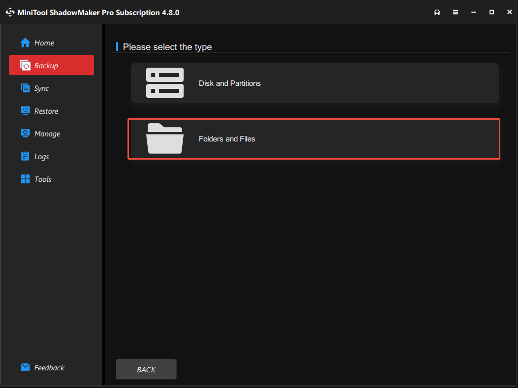 choose files and folders to back up