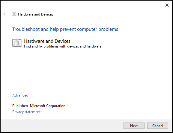 Hardware and Devices troubleshooter
