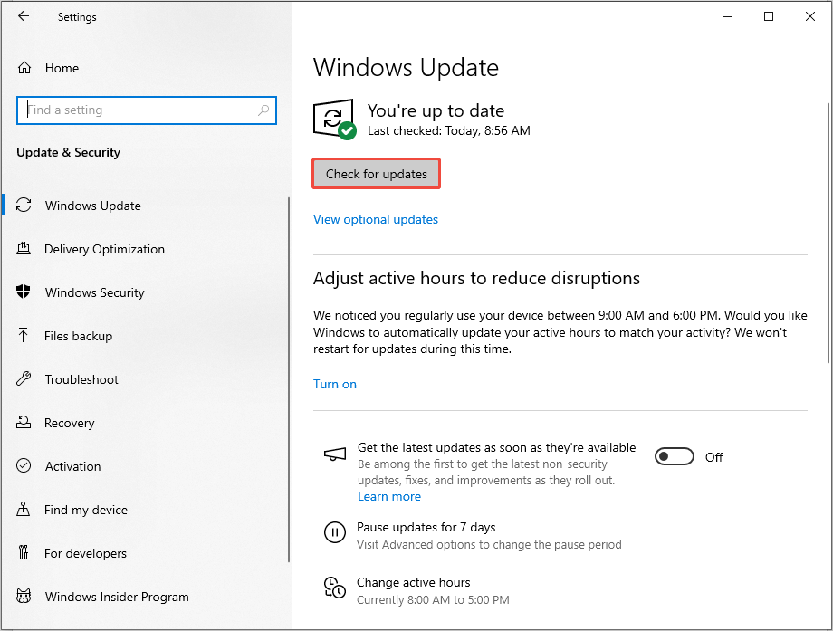 click the Check for updates button