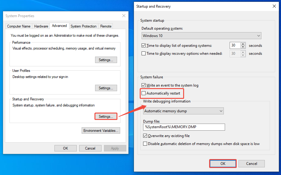 deselect Automatically restart and click OK
