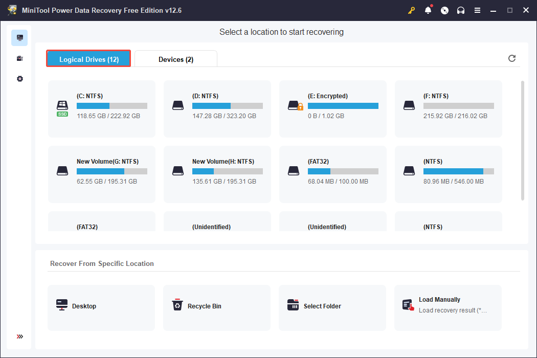 the Logical Drives section in MiniTool Power Data Recovery