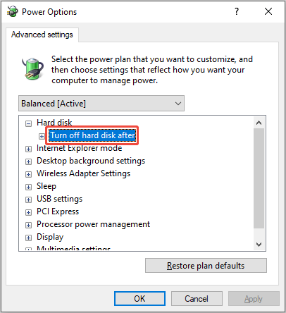 double-click Turn off hard disk after
