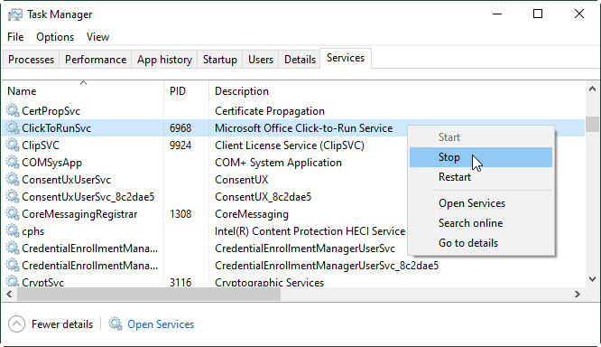 Parar o serviço ClickToRunSvc