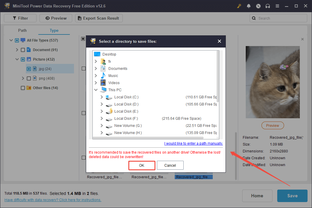 save the wanted files in MiniTool Power Data Recovery