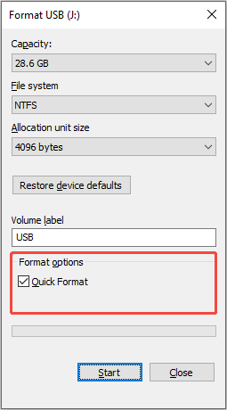 the format options on Windows
