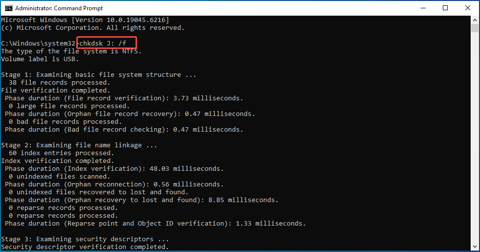 run the chkdsk X: /f command