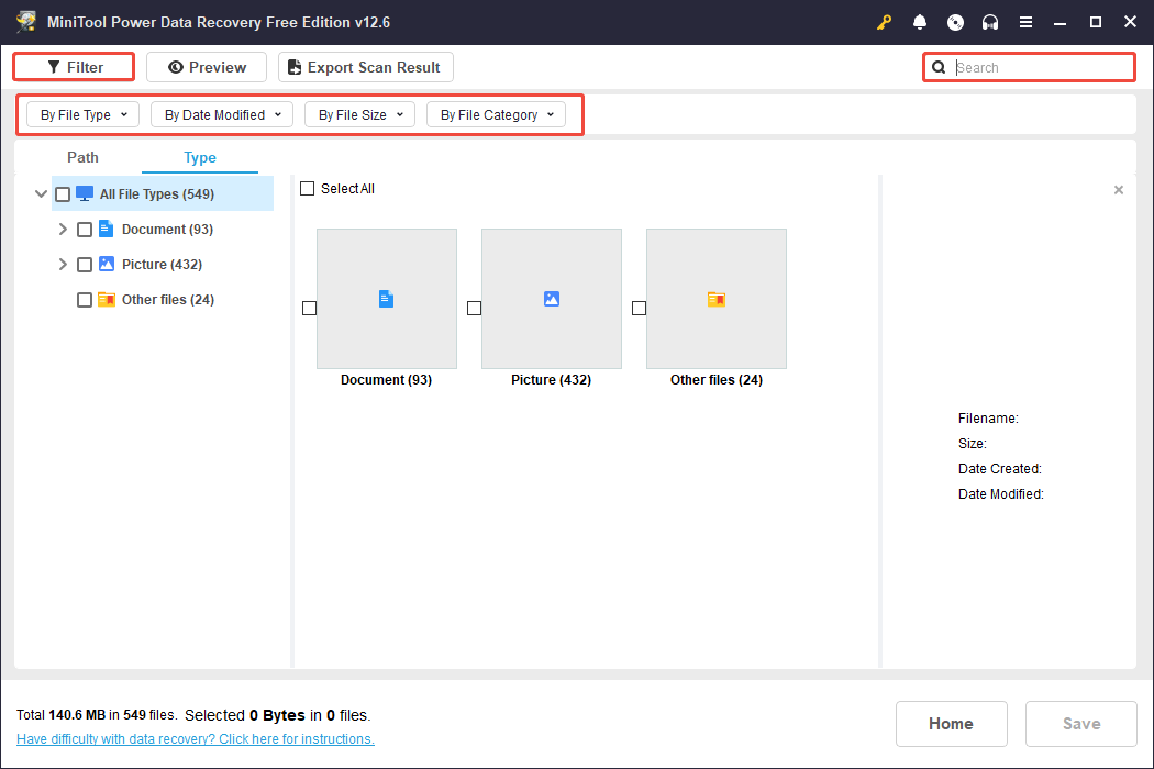 the Filter and Search features in MiniTool Power Data Recovery
