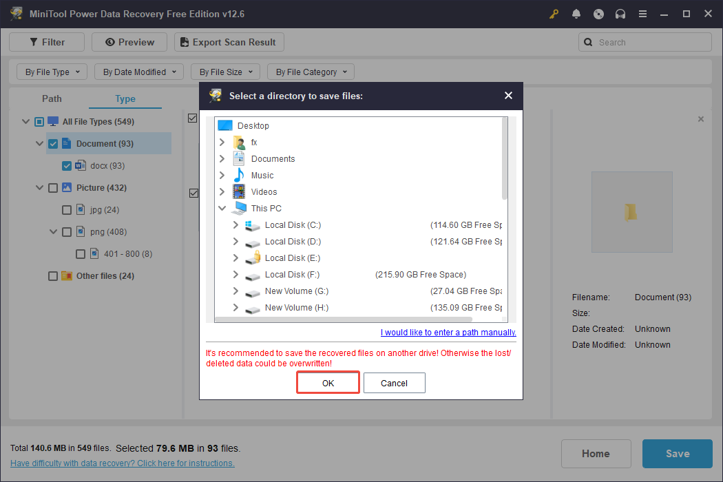 select a location and click OK to recover the wanted files in MiniTool Power Data Recovery