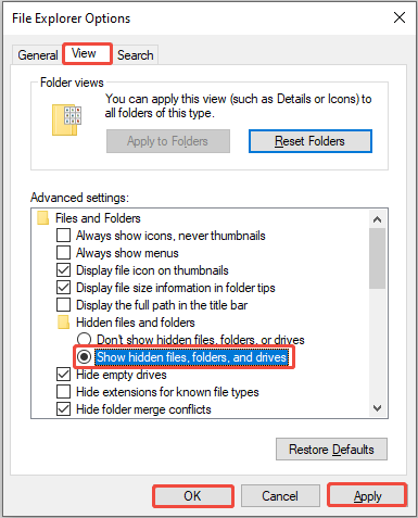 select Show hidden files, folders, and drives