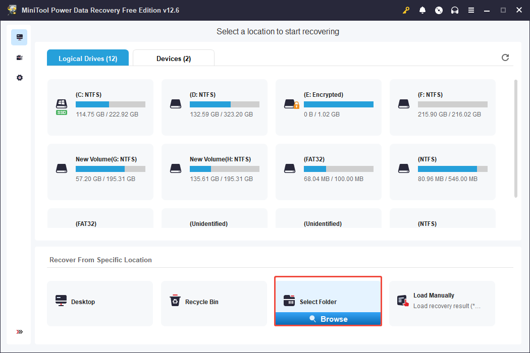 click the Browse button to scan the Screenshots folder in MiniTool Power Data Recovery