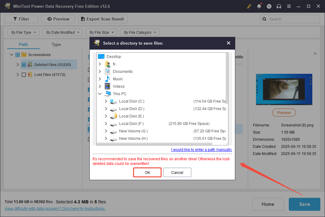 save the wanted screenshots in MiniTool Power Data Recovery