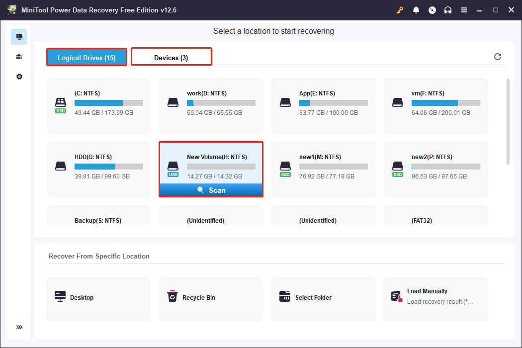 select the drive to scan in MiniTool Power Data Recovery