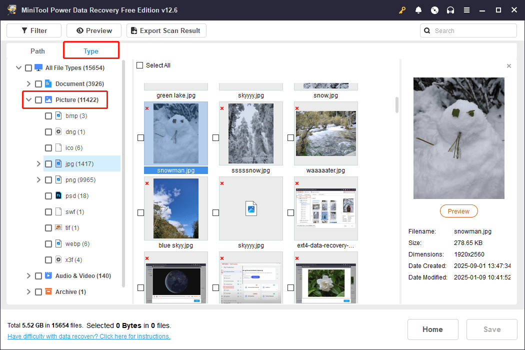 browse found photos under the Type tab in MiniTool Power Data Recovery
