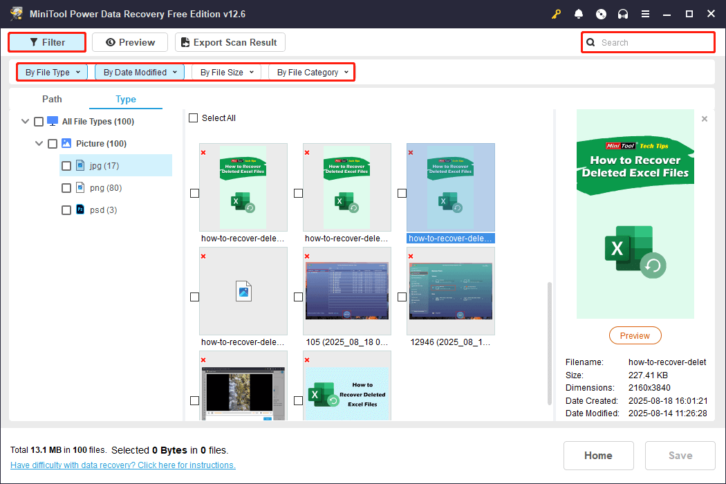 use the Filter and Search features in MiniTool Power Data Recovery