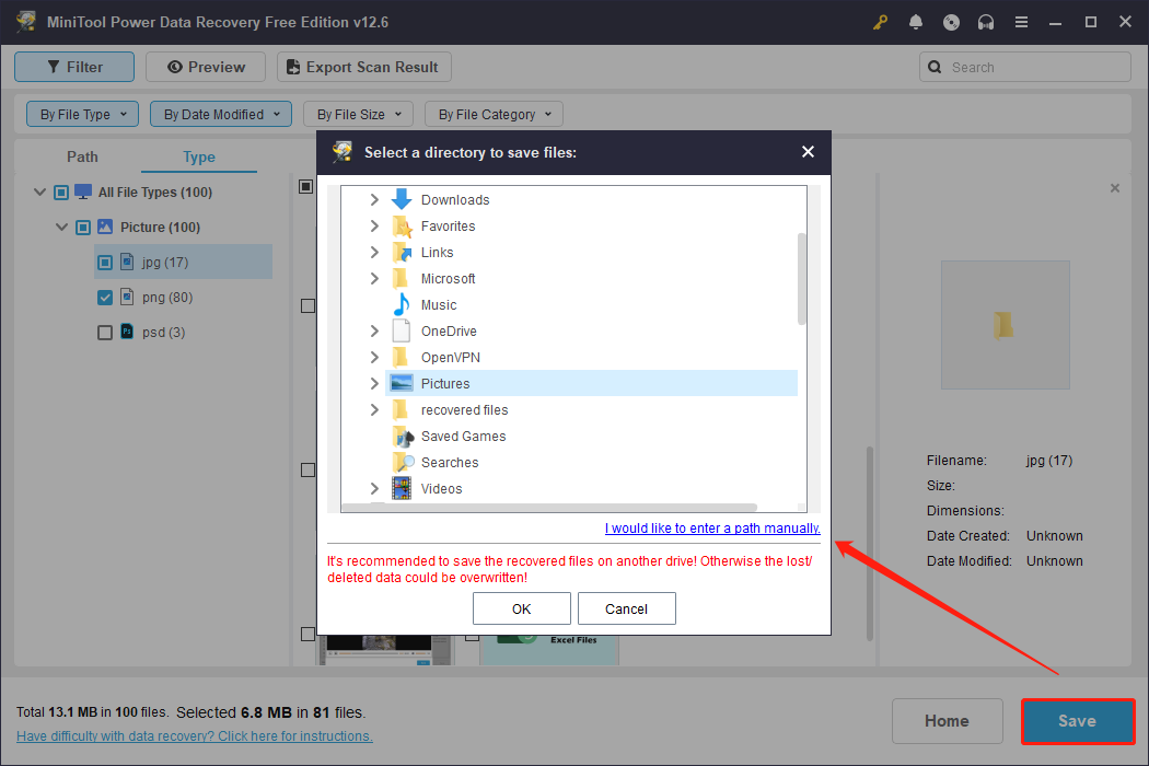 save ticked photos to a folder in MiniTool Power Data Recovery