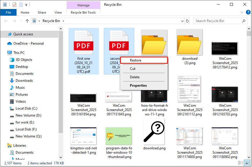 restore PDF files from the Recycle Bin
