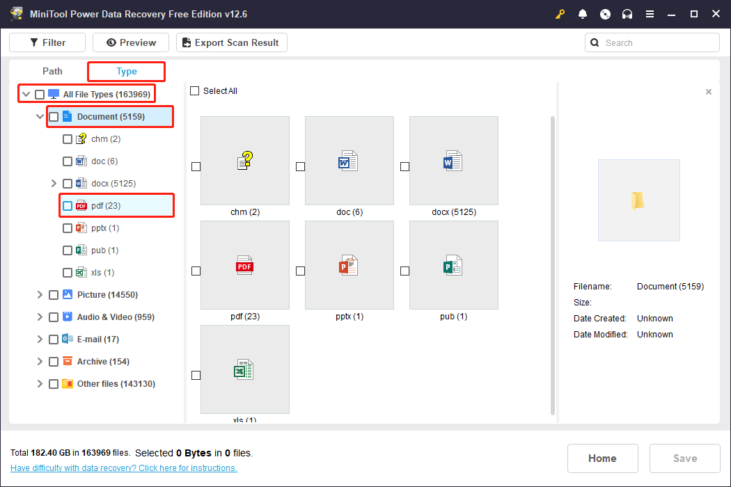 find the PDF files using Type in MiniTool Power Data Recovery