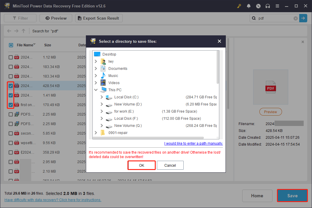 save the PDF files using MiniTool Power Data Recovery