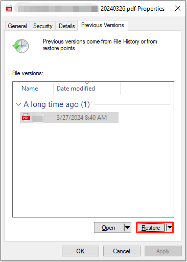 restore an old version for the corrupted PDF files